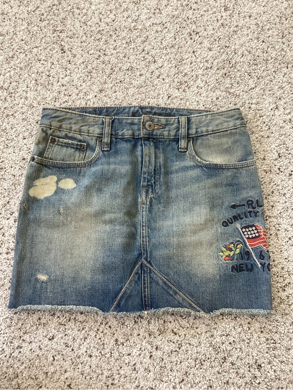 Ralph Lauren Distressed Embroidered Denim Mini Skirt - Light Blue